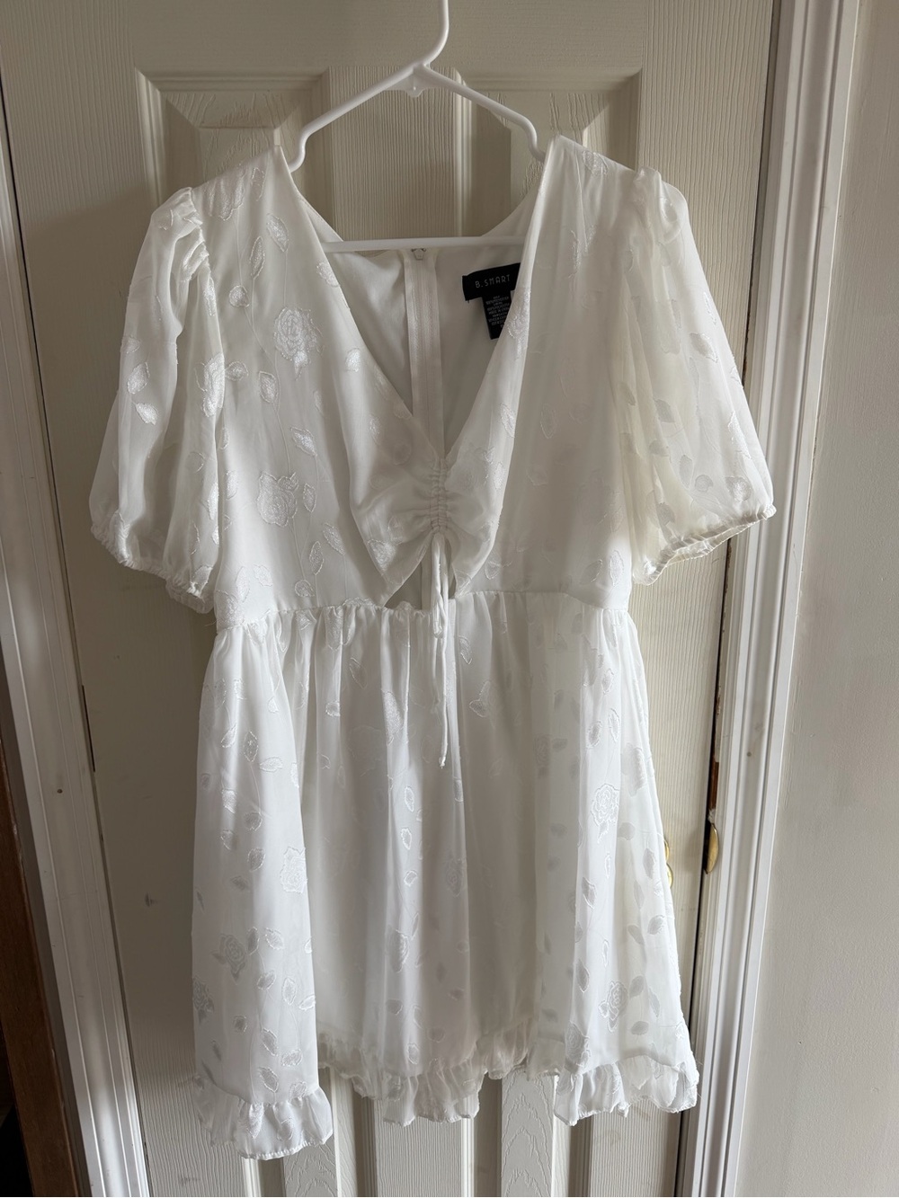 White V-Neck Puff Sleeve Dress with Tie Detail